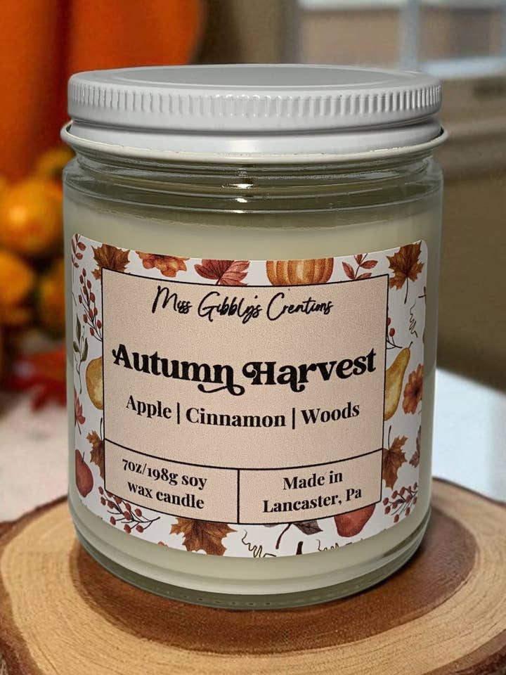 Autumn Harvest- 7oz Glass Jar Soy Candle- Fall 2025 for wholesale by Miss Gibbly’s Creations