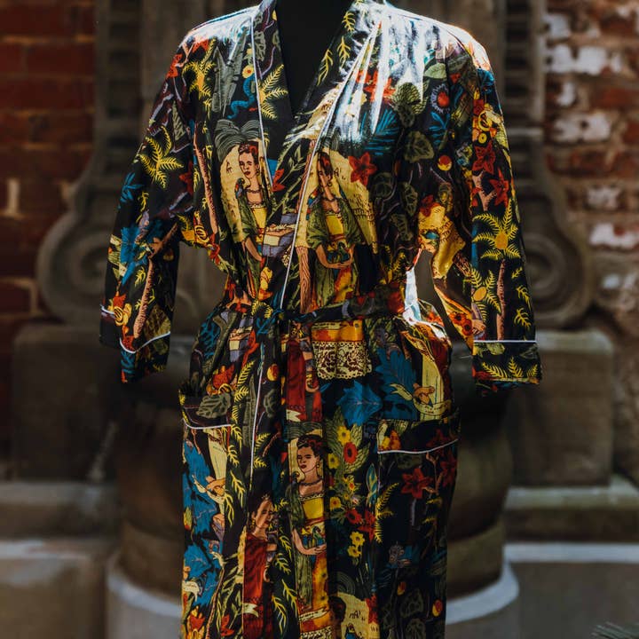 Frida Kahlo Tropical on Black Kimono Robe for wholesale by The Bazaar Rabbit