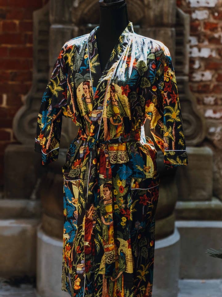 The Bazaar Rabbit - Wholesale Robe - Women's - Frida Kahlo Tropical on Black Kimono Robe