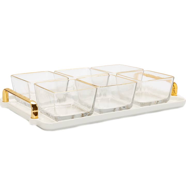 CLASSIC TOUCH DECOR INC. – wholesale Serveringsfat – 6 guld trimmad glasskål på serveringsfat vit bricka - 13,5 ”L