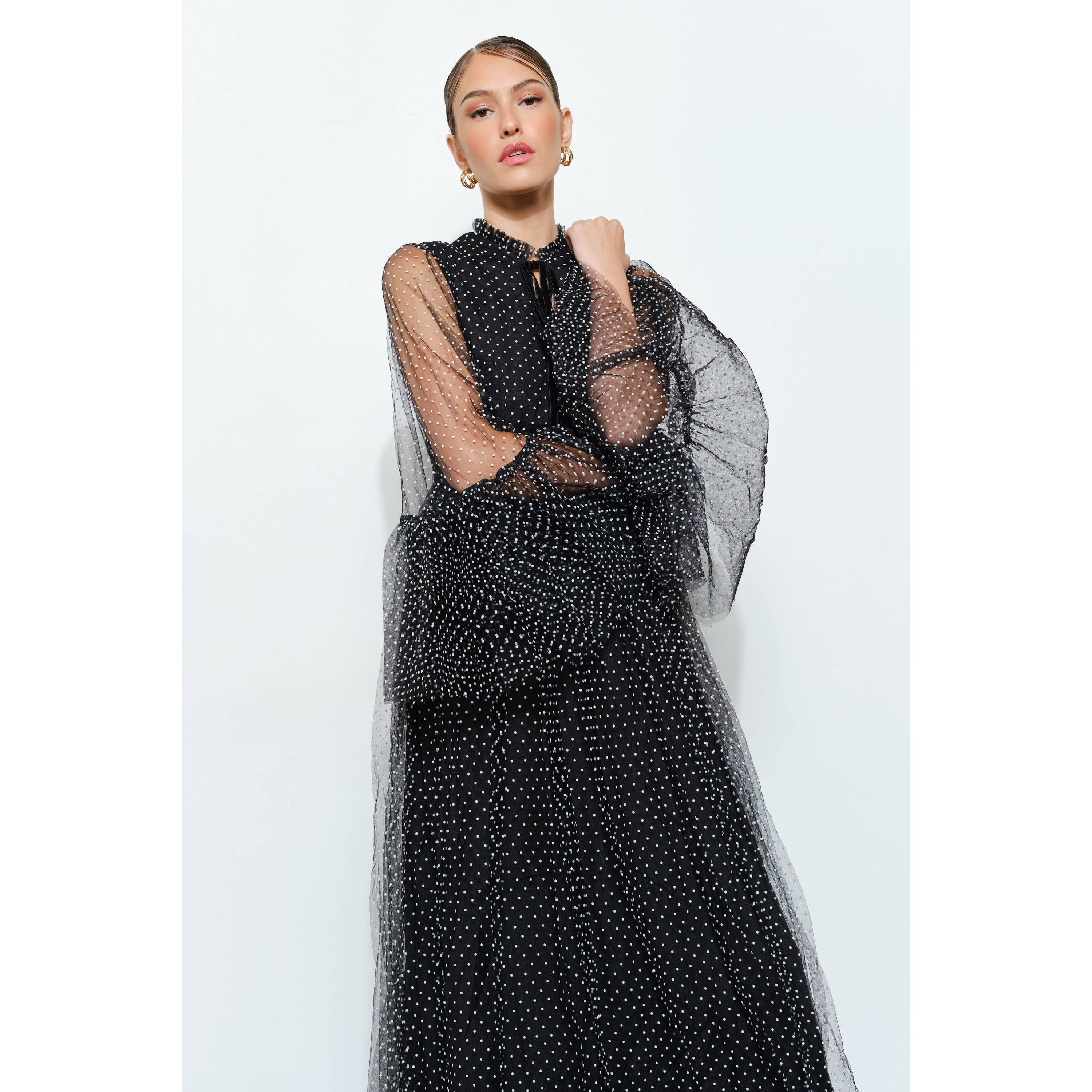 BLACK Polka Dot Mesh Layered Sleeve Maxi Dress for wholesale on Faire4