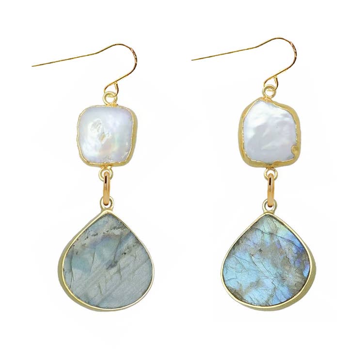 Mint + Sky - Wholesale Dangle Earrings - Freshwater Pearl and Labradorite Earrings0