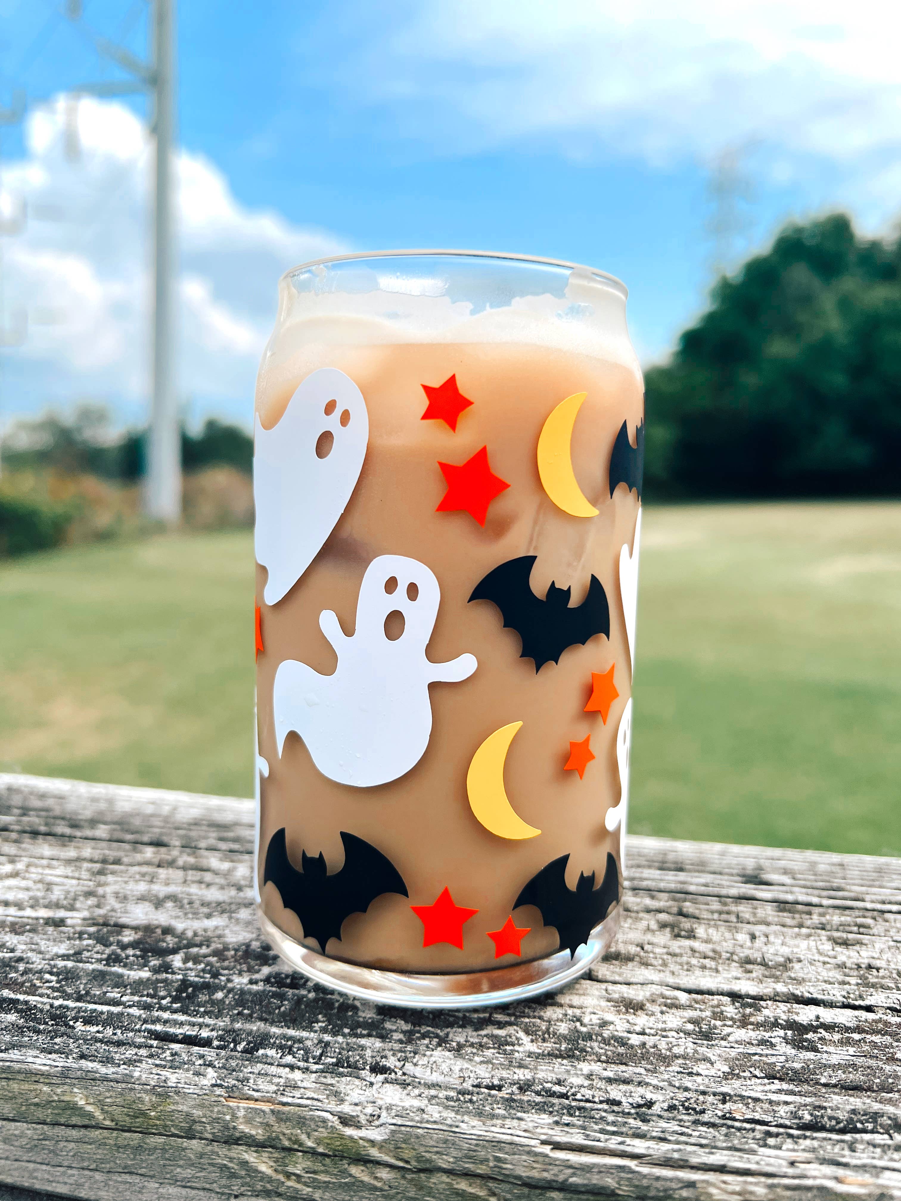 Lets Go Ghouls Ghost Halloween Glass Iced Coffee Cup With Bamboo Lid 