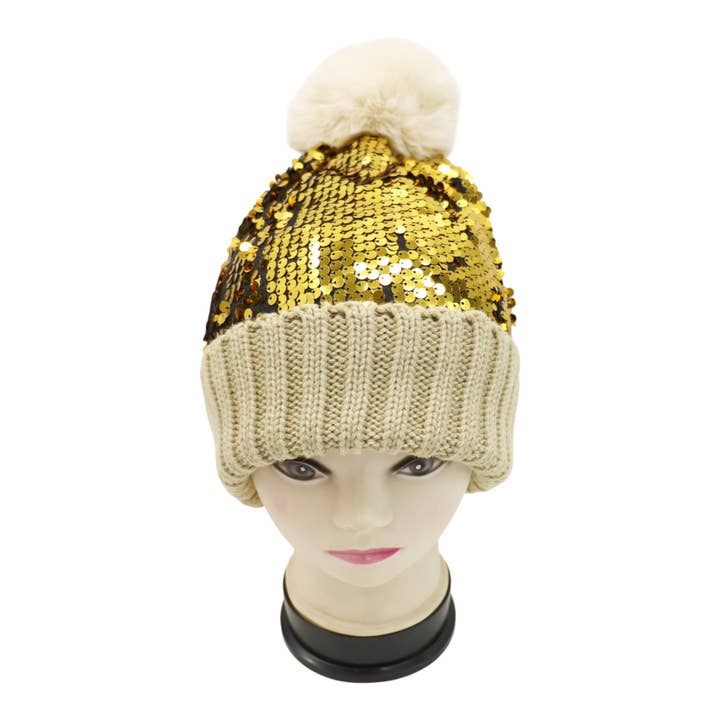 TAPA fashion - Wholesale Beanie – Women's - Pom Pom Sequin Beanie HA3715-1 (3PC)3