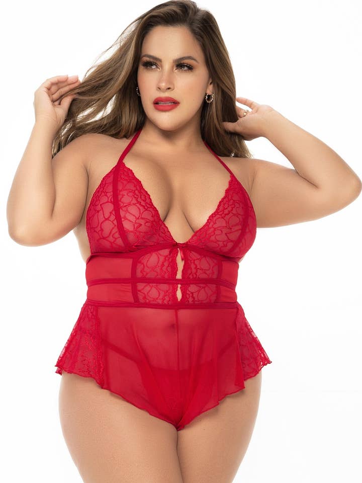 Plus size red babydoll body and matching thong for wholesale by Mapalé