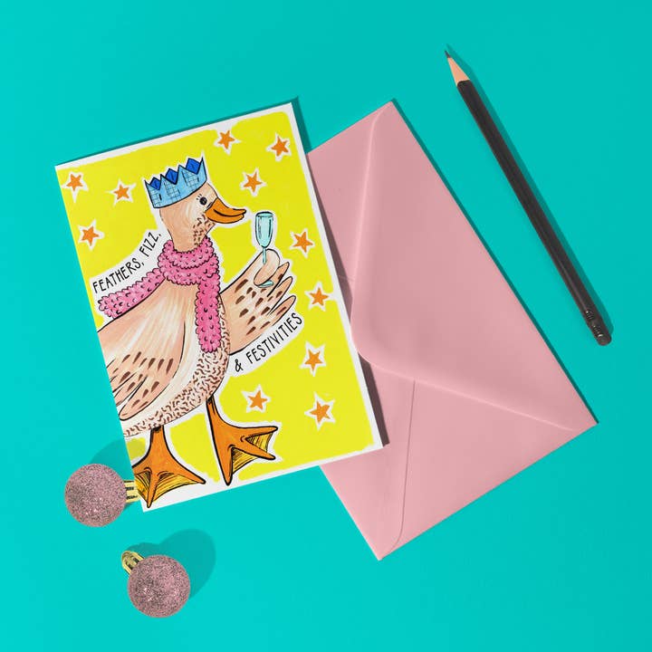 'Feathers, Fizz & Festivities' A6 Goose Bird Christmas Card for wholesale by Don Design