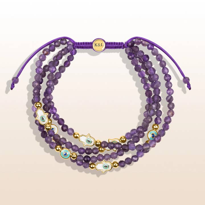 Inner Wisdom - Amethyst Hamsa Evil Eye Charm Bracelet for wholesale by Karma And Luck