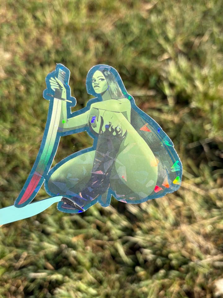 Sword Girl Holographic Sticker: Anime Femme Fatale for wholesale by megoogs draws