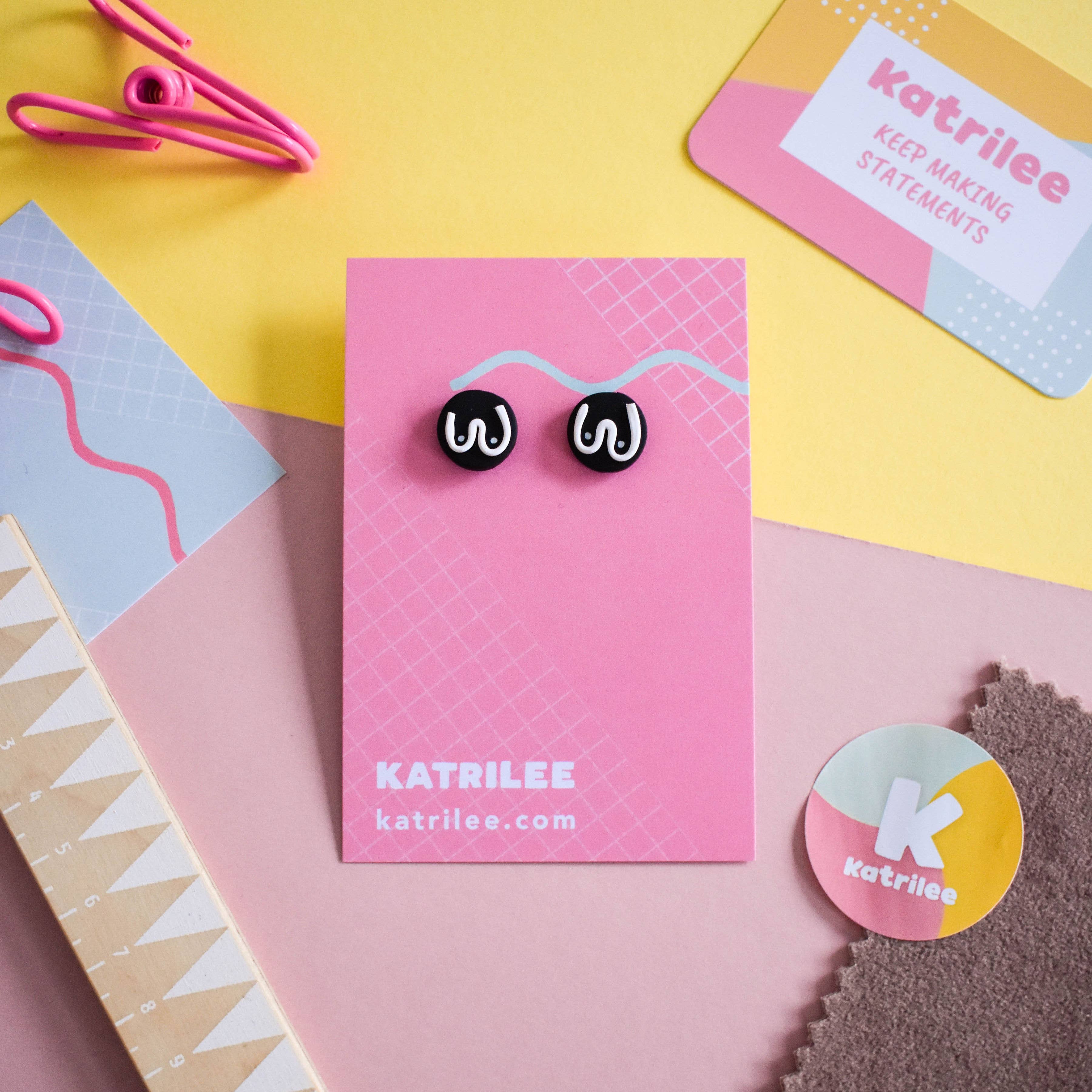 Katrilee - Wholesale Stud/Post Earrings - Katrilee Monochrome Boob Print Polymer Clay Stud Earrings2