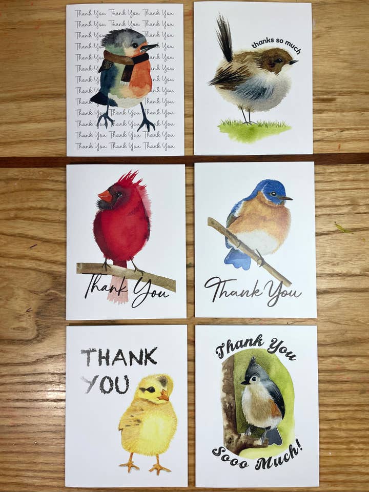 Multipack of (6) Folding Thank You Cards - Assorted Birds for wholesale by Kristin Schmidt Artist