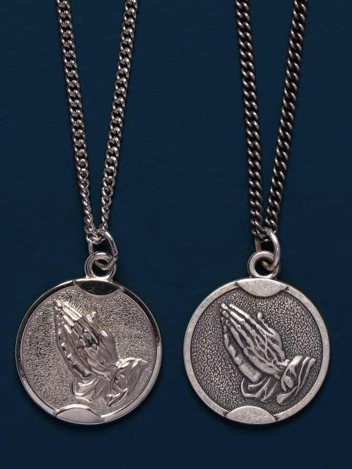 Praying Hands Round Sterling Silver Medal Necklace for wholesale by We Are All Smith