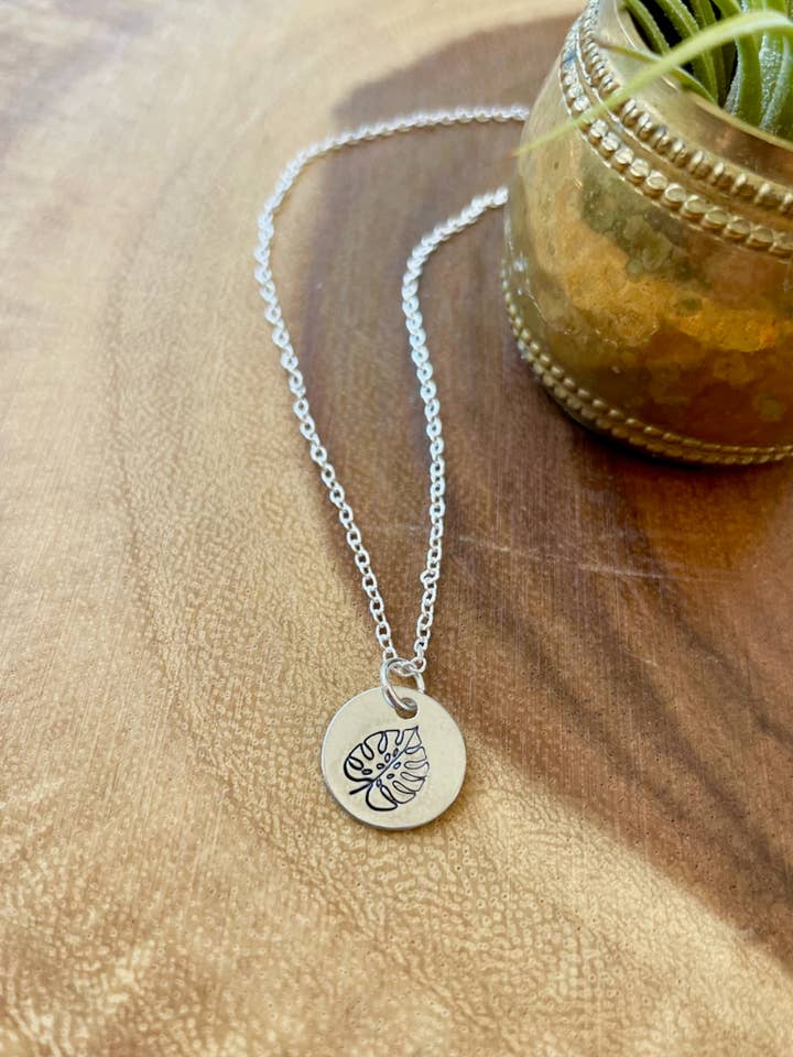 Monstera Leaf Hand Stamped Necklace for wholesale by Adventures in Bloom