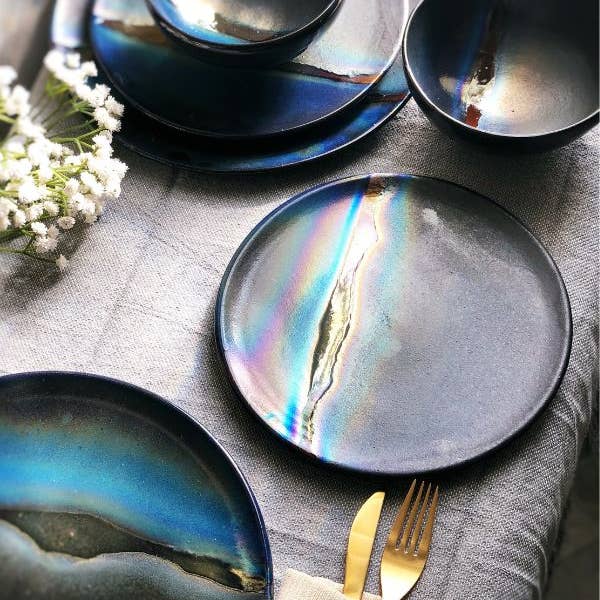 Los Artisans - Wholesale Tableware set - Best-Seller Black Artisan Dinner Set | Metallic Gold & Blue 15