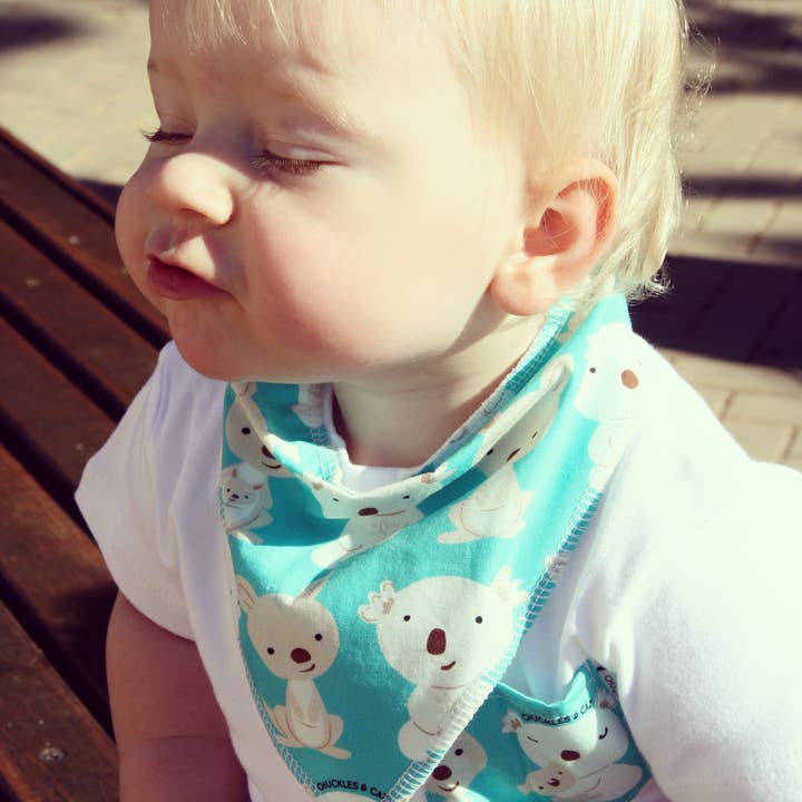 Chuckles & Caz - Wholesale Bib - Baby - Aqua Koala & Kangaroo Dribble Bib