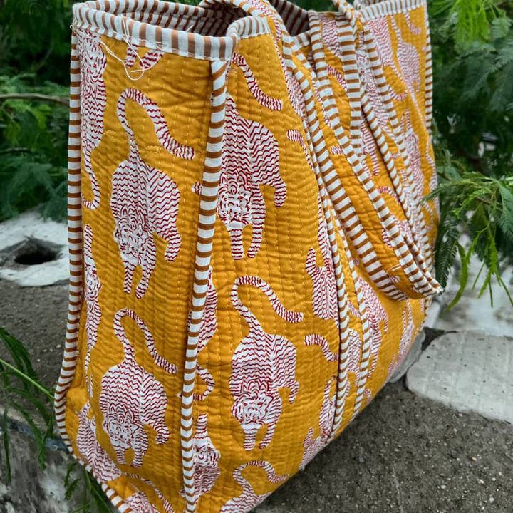 bhavnas boutique - Wholesale Beach Bag - Yellow Women Bag Tiger Printed Cotton Quilted Bag Beach Bag