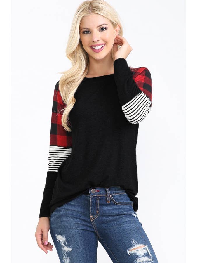 BASEBALL TUNIKA MED BUFFEL RUTIG KONTRAST ÄRMAR för wholesale av Pink Irene Wholesale