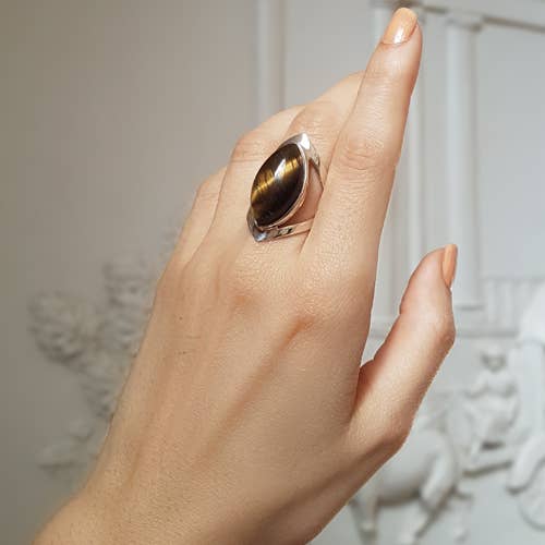 Crystal Earth Sterling - Wholesale Cocktail/Statement Ring - The Marquesa Open Band Sterling Ring - Tigers eye0