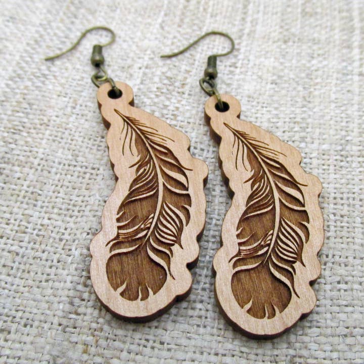 Wooden Feather Dangle Earrings for wholesale by Memories for Life
