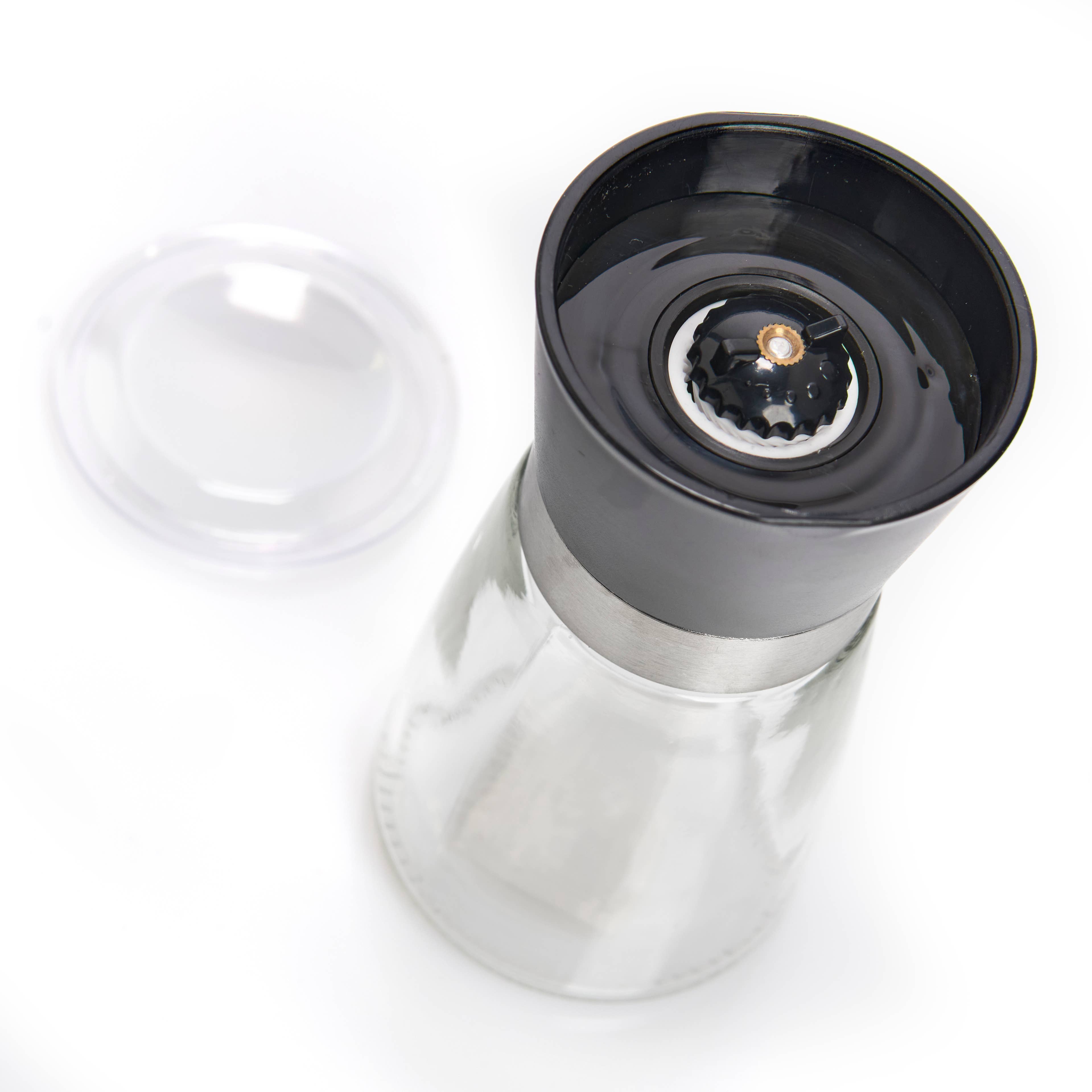 black Salt/Pepper Mill, Glass/Plastic/Stainless Steel, for wholesale on Faire1