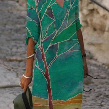 KK Bloom - Wholesale Dress - Women's - Summer Women's Printed Fashion V-neck Loose Plus Size Dress