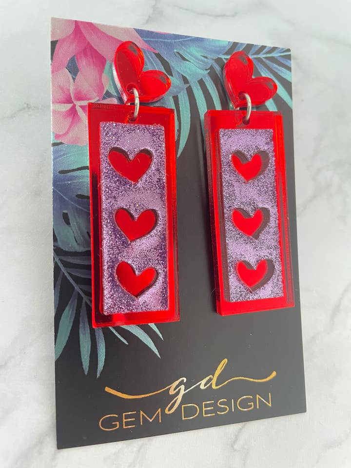 Hjerter akryl erklæring øreringe med harpiks Glitter for engroshandel hos Gem Design UK