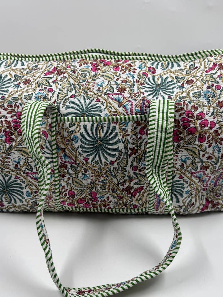 100% Cotton Kantha Quilted Boho Floral Duffle ToteBag (Zip) for wholesale by Funky Yak Ltd