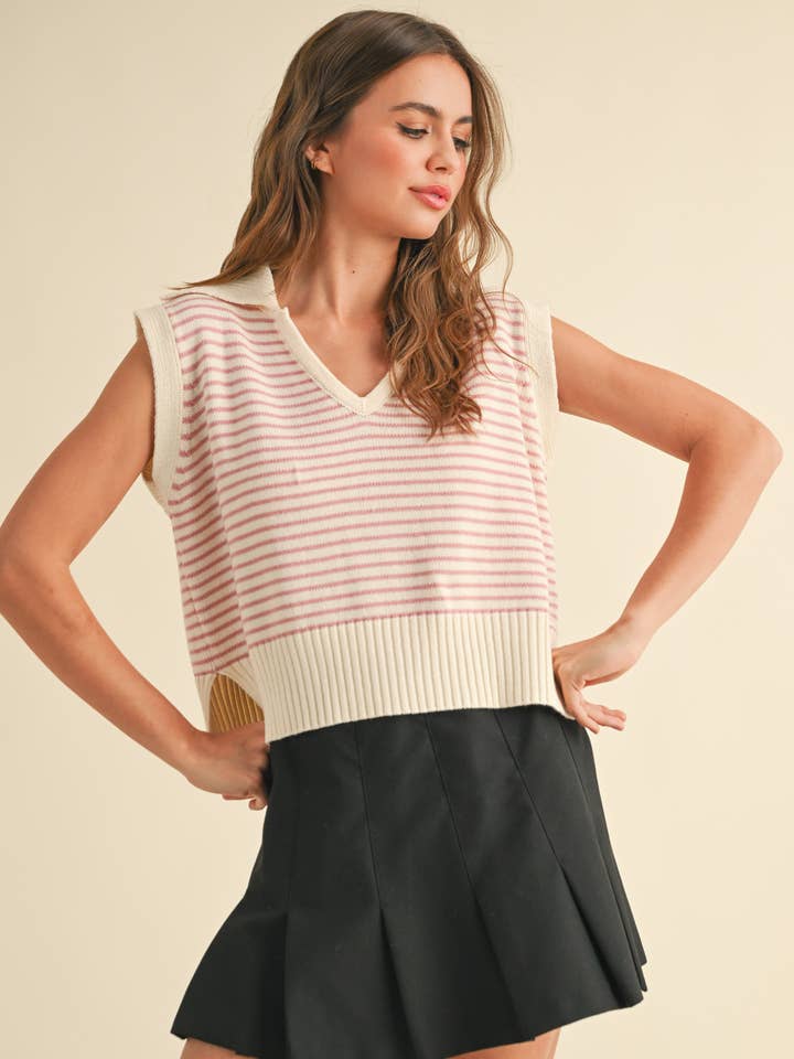 MIOU MUSE - Wholesale Knit Top - Women's - T3789 V-NECK STRIPE COLLAR KNITTED TOP