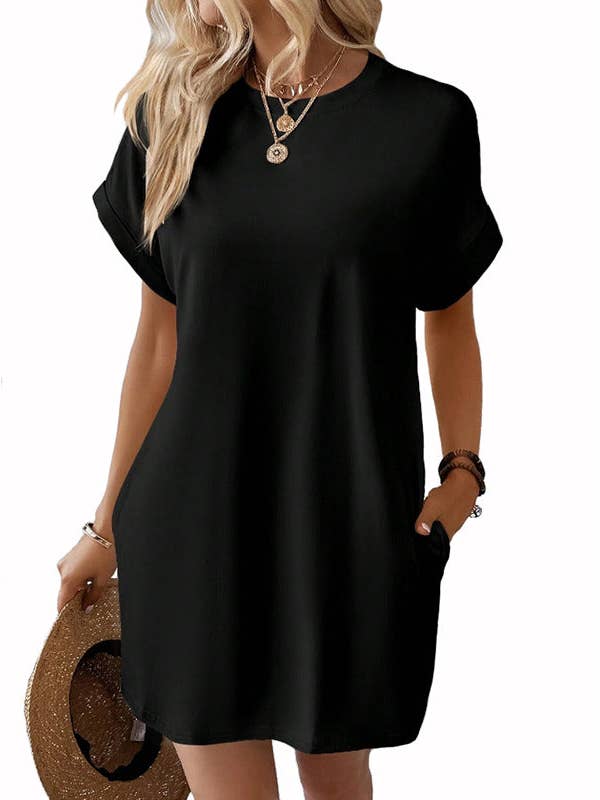 Suhkasana - Wholesale Dress - Women's - Relaxed Fit Cotton Short Sleeve Pocket Dress for Summer