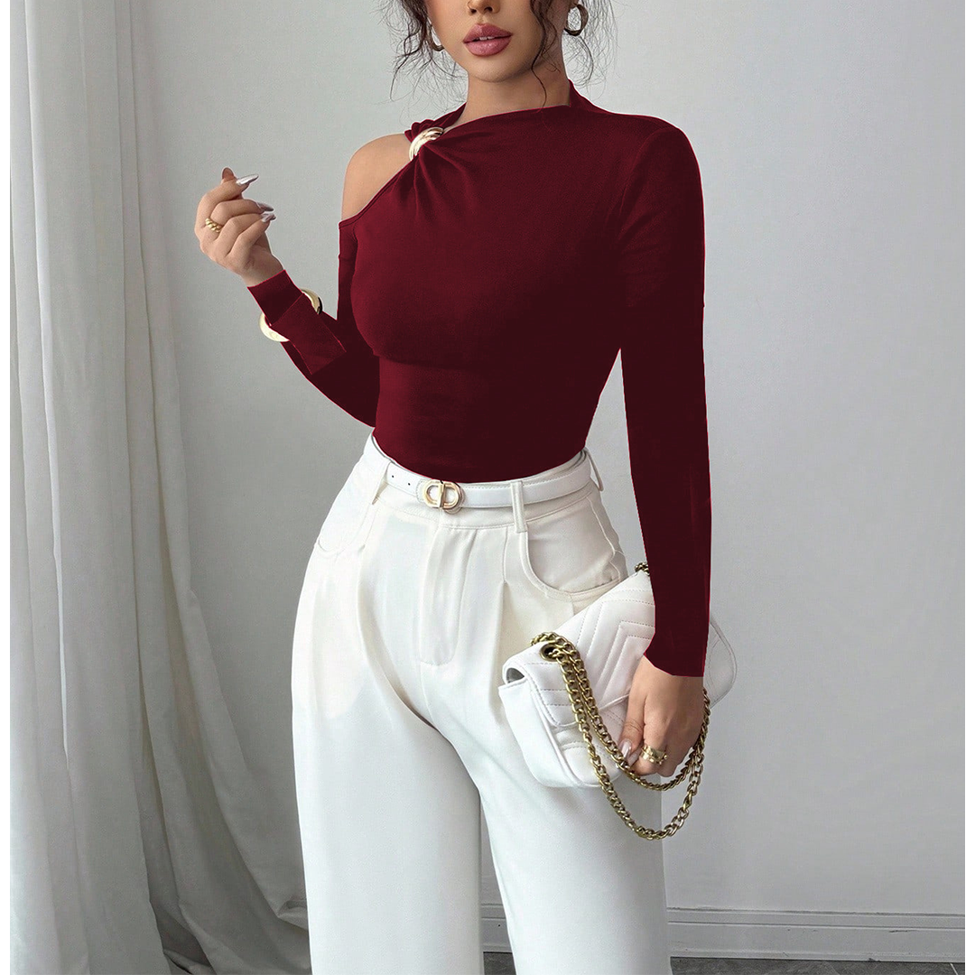 UNISHE - Wholesale Blouse - Women's - Asymmetrical Neck One-Shoulder Metal Decor Fitted Top ZK367110