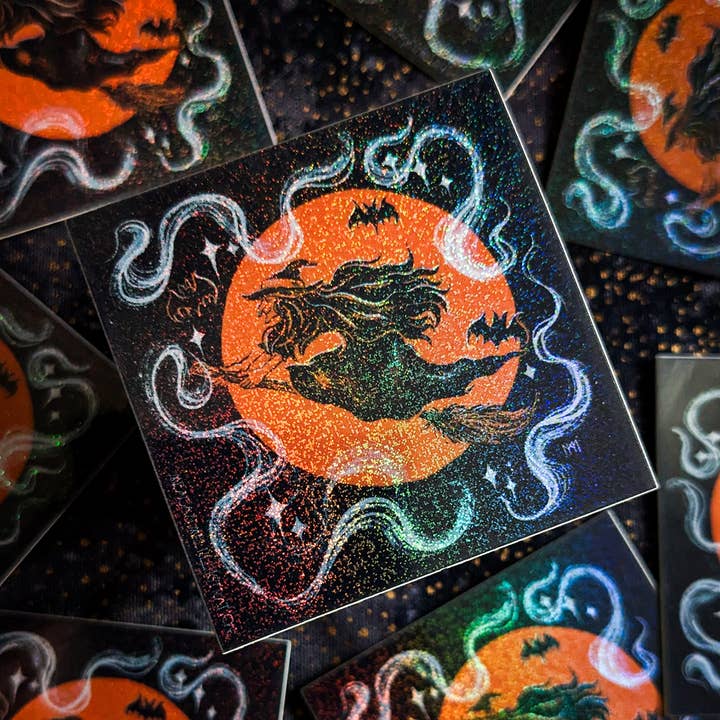Flying Witch Glitter Sticker for wholesale by Meagan Meli Illustration