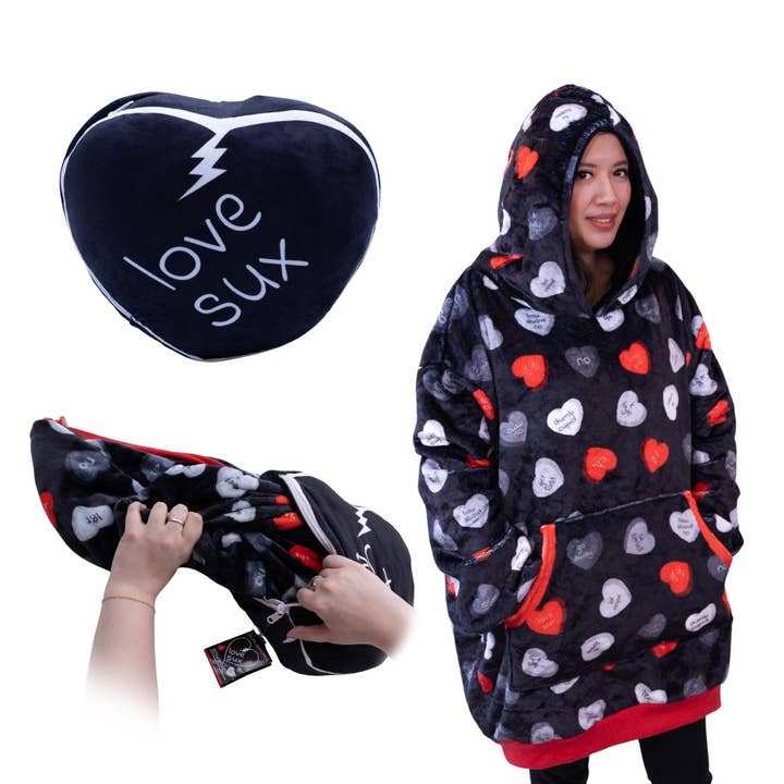 Love Sux Snugible | Blanket Hoodie & Plushie for wholesale by OrangeOnions