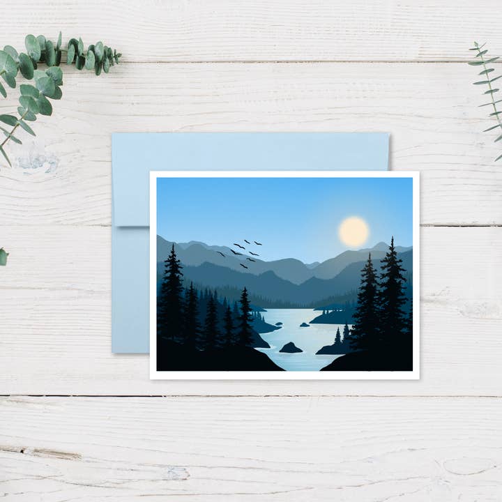 Bergsee-Baum-Vogel-Grußkarte für den Großhandel von Aspen Designs