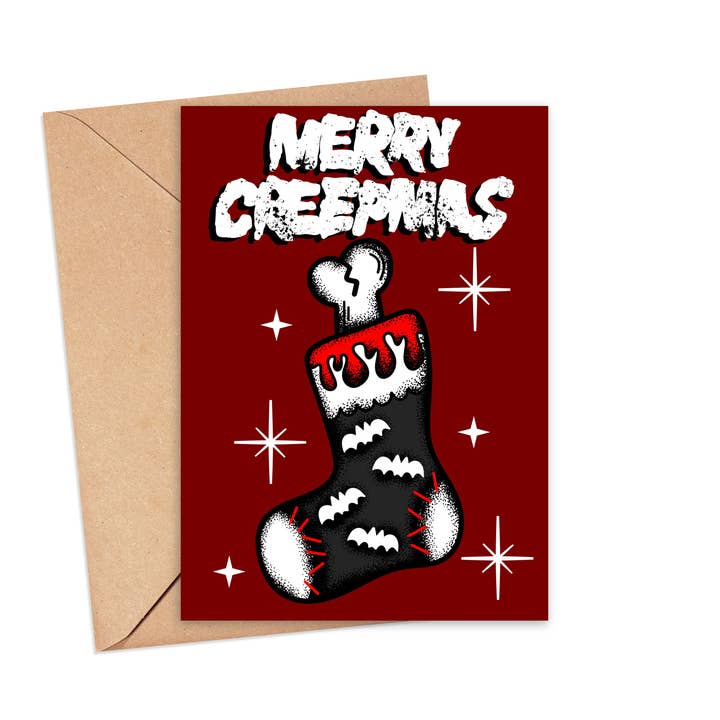 Printy Vibes - Wholesale Christmas Card - Merry Creepmas Spooky Christmas Stocking Greeting Card