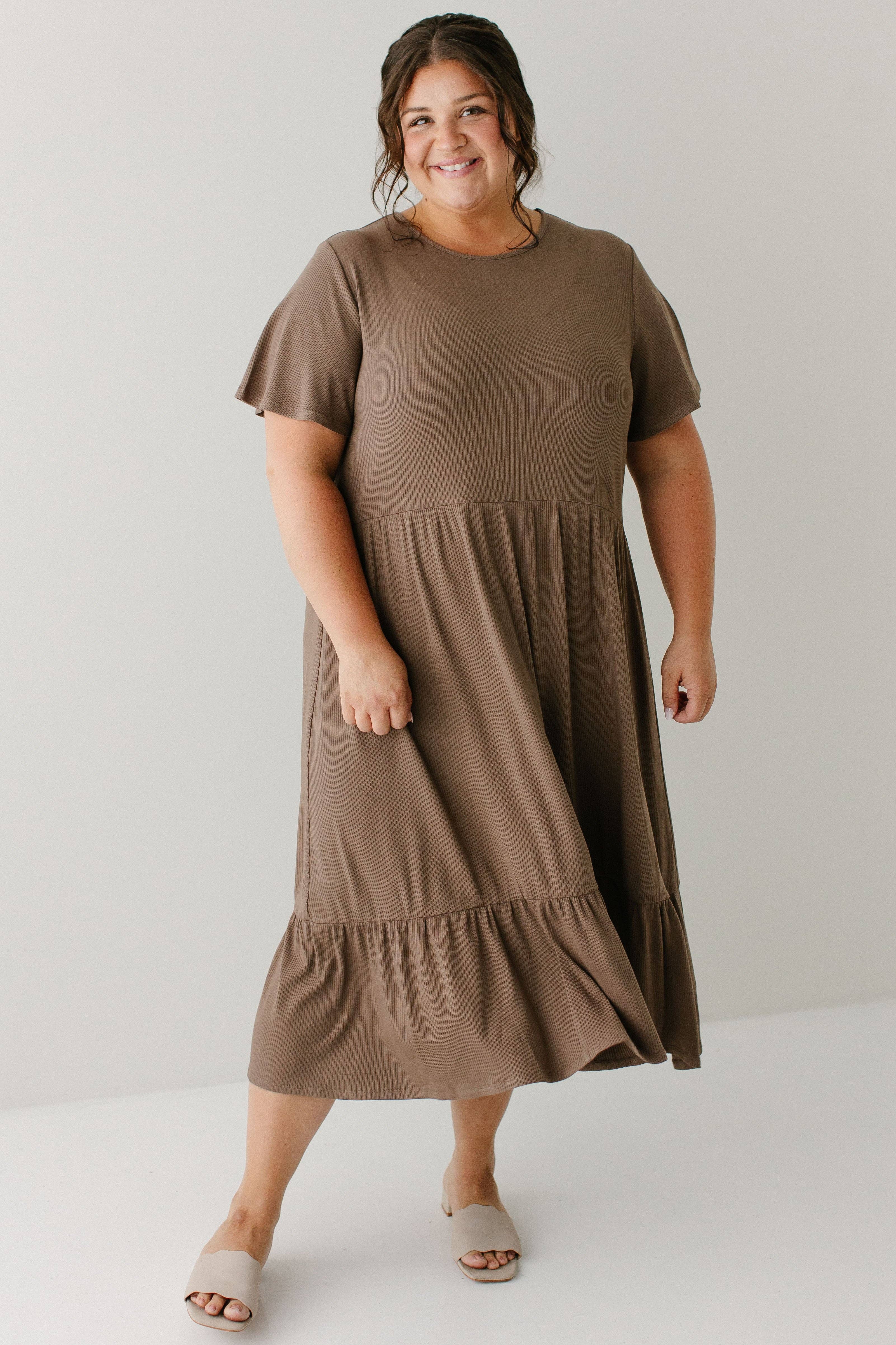 'Shiloh' Ribbed Tiered Midi Dress in Mocha FINAL SALE for wholesale on Faire12