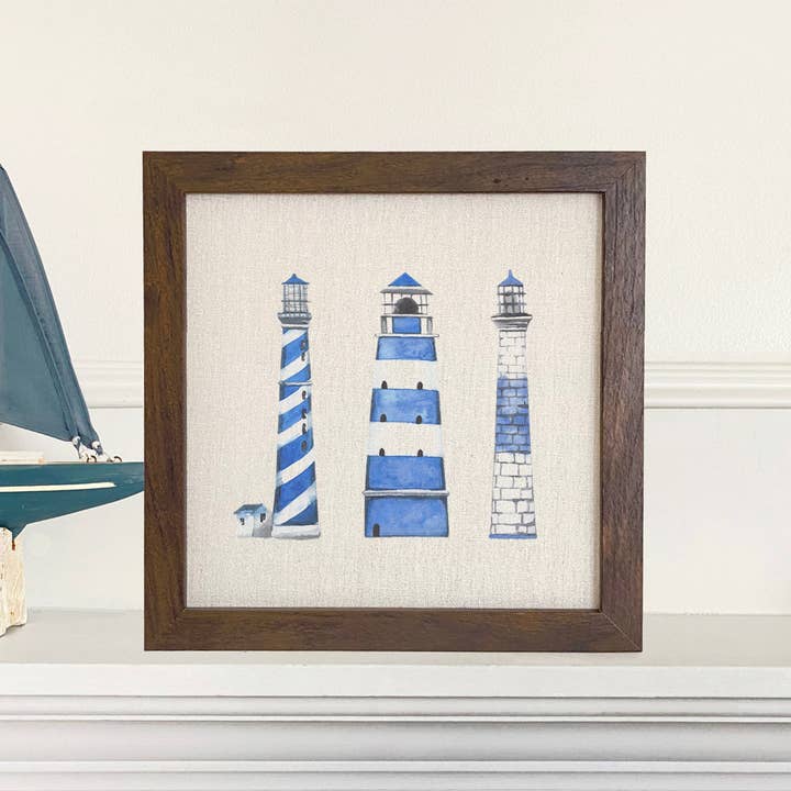 Blue Lighthouses - Framed Sign for wholesale by Cottage Shore