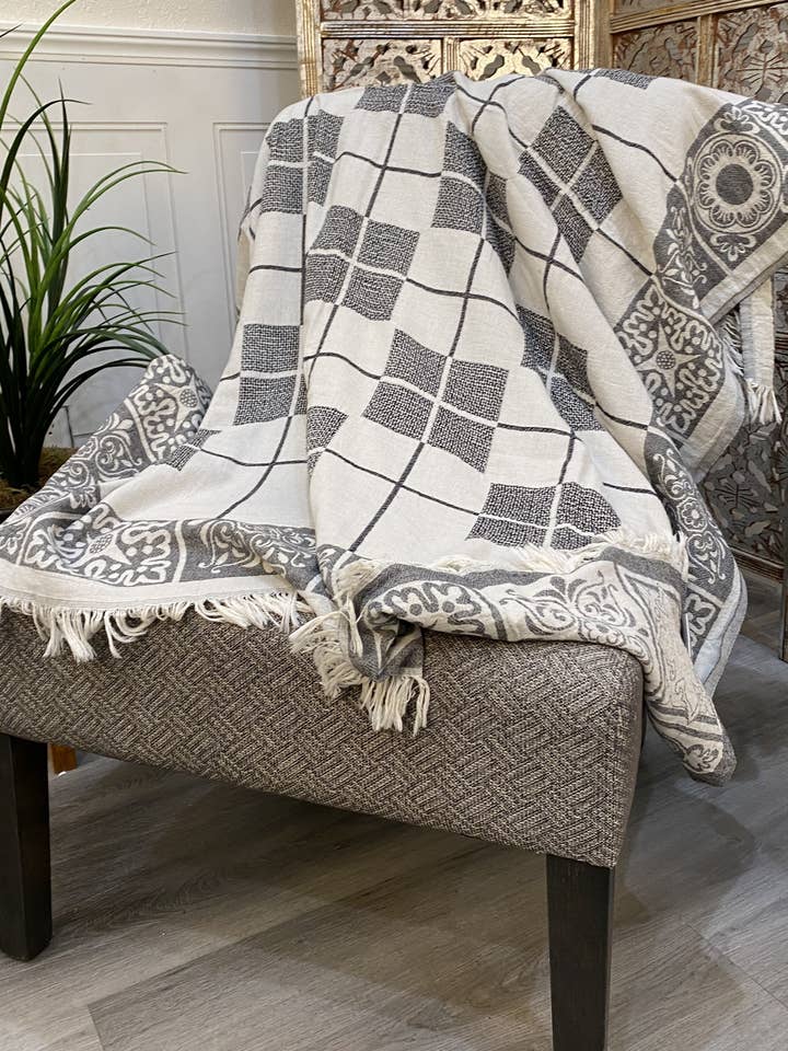 Highgrove - Throw Blanket - 100% Cotton - 51" X 67" - Sevila Black / Charcoal for wholesale by Elite Home Fashions