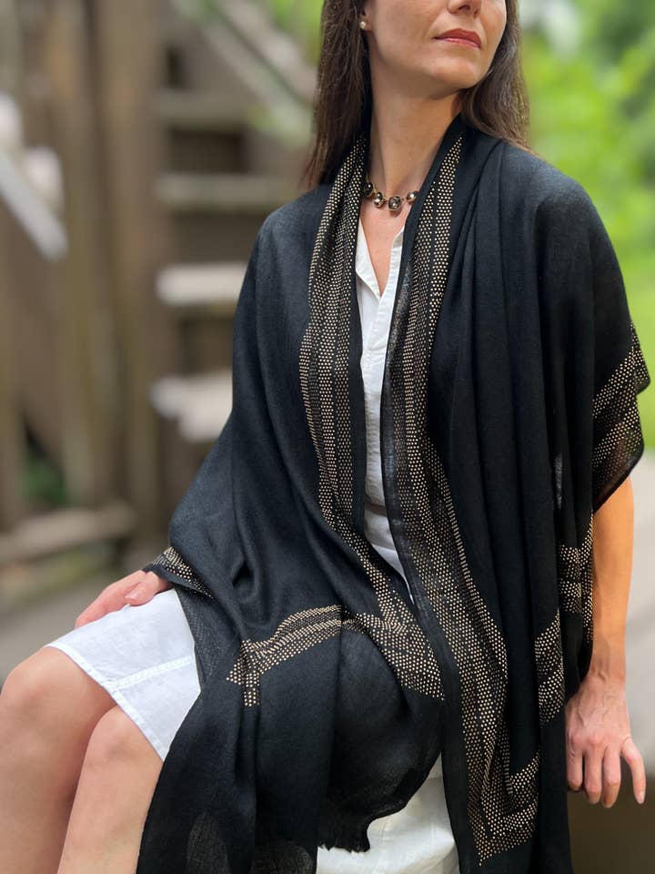 Black Wool and Silk Scarf / Wrap Embellished Crystal Border for wholesale by Rayz Intl