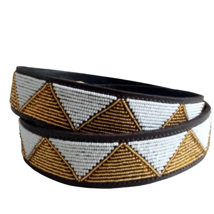 TRIANGLES MARRON : Ceinture en cuir perlée à la main par les Massaï – Ceinture artisanale tribale africaine pour hommes et femmes – Style ethnique décontracté bohème pour la vente par MAASAI CHIEF