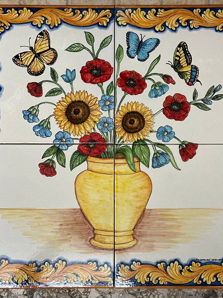 Mosaic panel flower vase, Caltagirone ceramic, 60 x 60 cm, hand-decorated tiles for wholesale by DD Ceramiche Siciliane