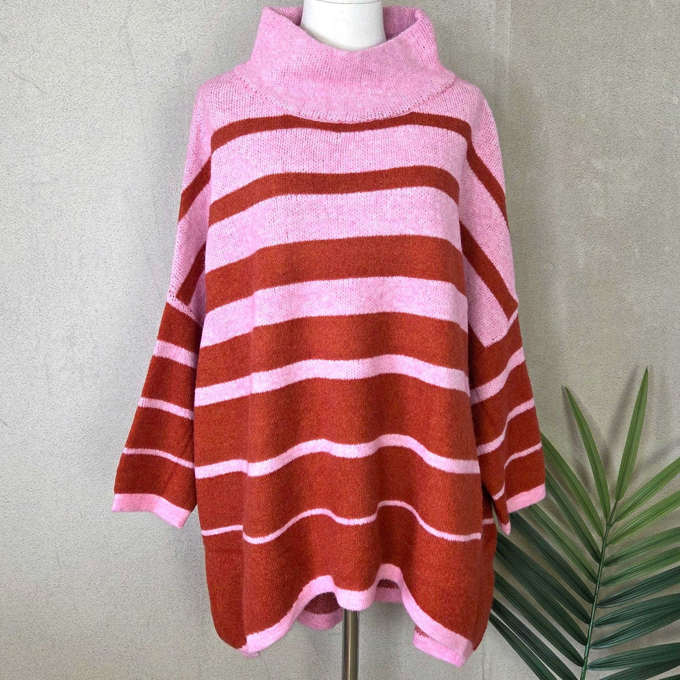 Tempest Designs – wholesale Tunic sweater – Women’s – Roomy viscose mix striped hi-lo jumper with slight turtle neck1