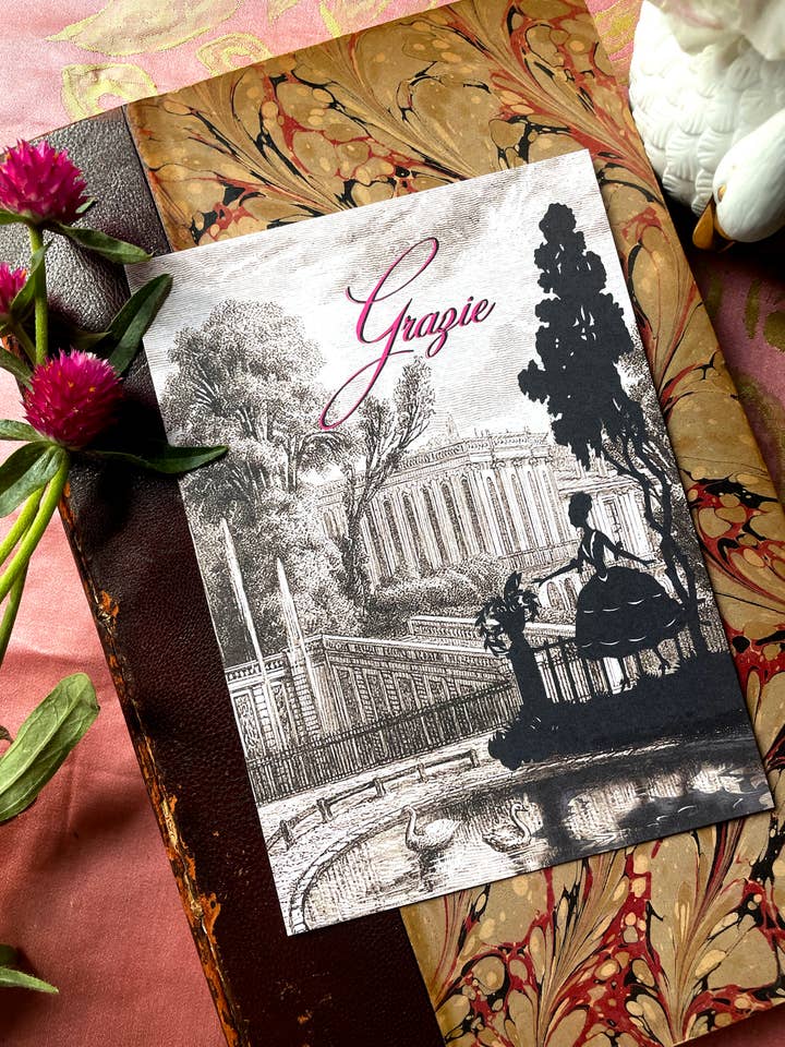 Grazie Thank You Card with 18th Century Panache for wholesale by Ivory Tower Studios