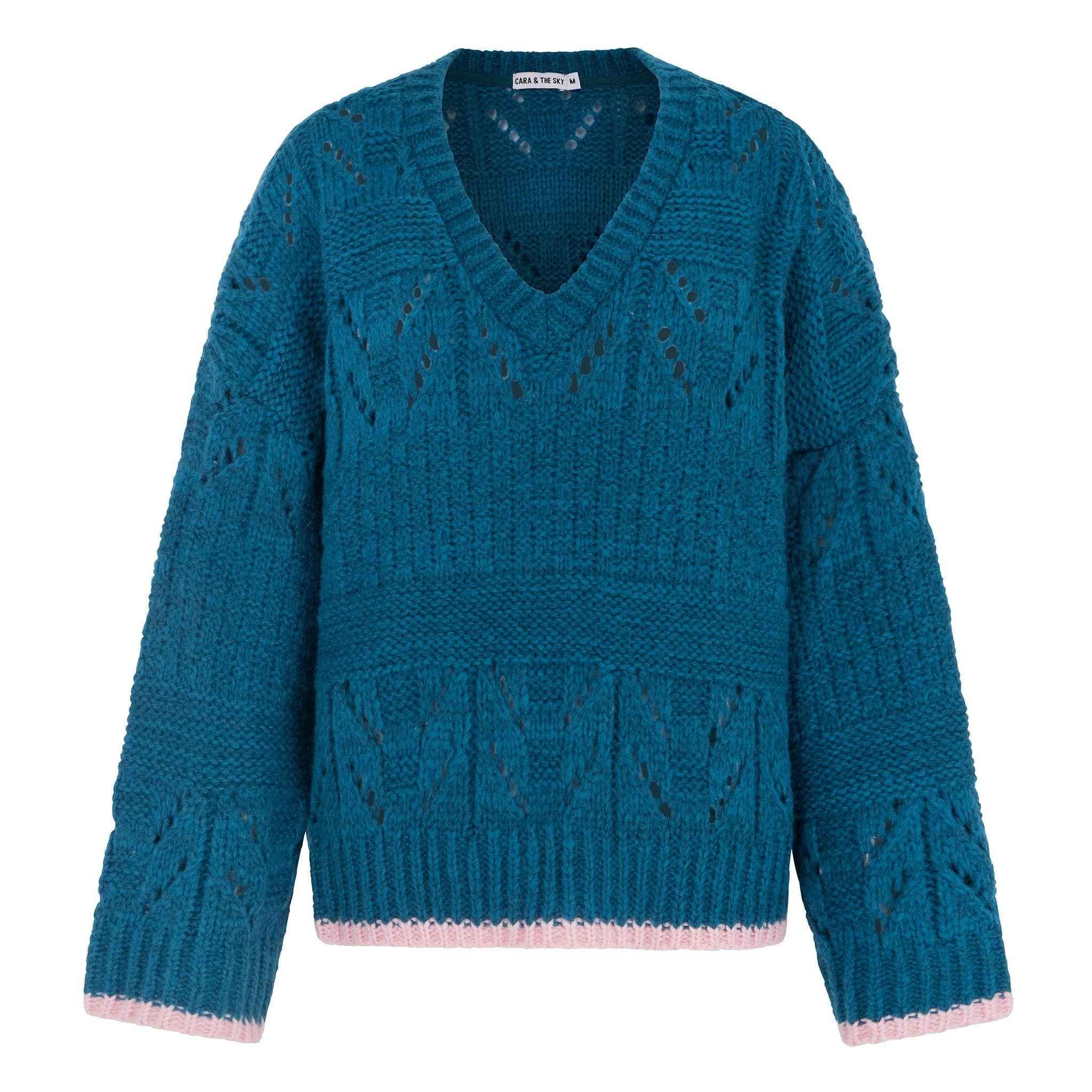 Cara & The Sky - Wholesale Knit Sweater - Women's - Zoe Pointelle V Neck Wide Sleeve Jumper - Teal1