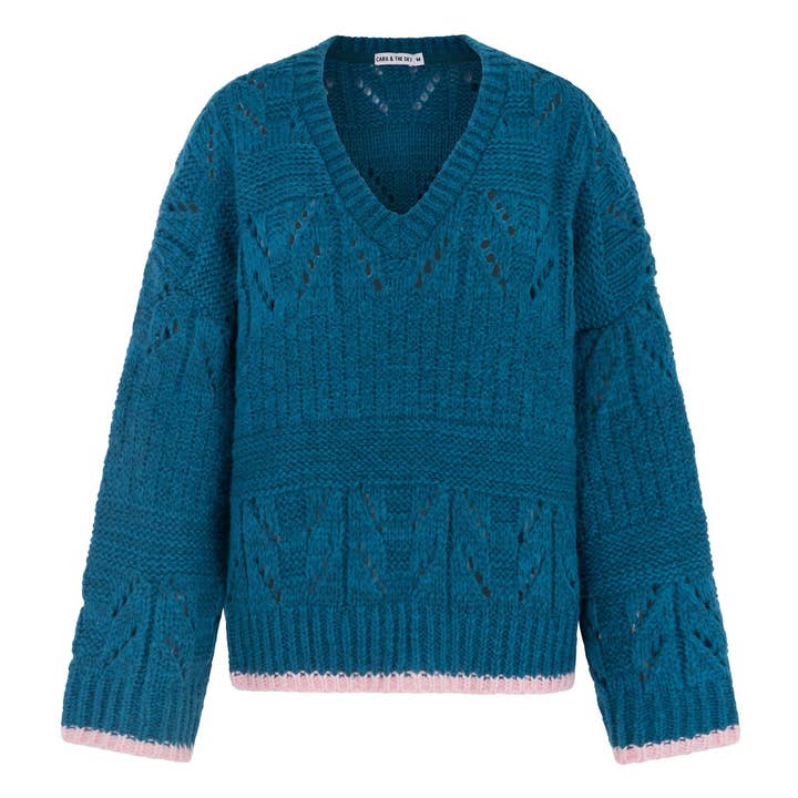 Cara & The Sky - Wholesale Knit Sweater - Women's - Zoe Pointelle V Neck Wide Sleeve Jumper - Teal1