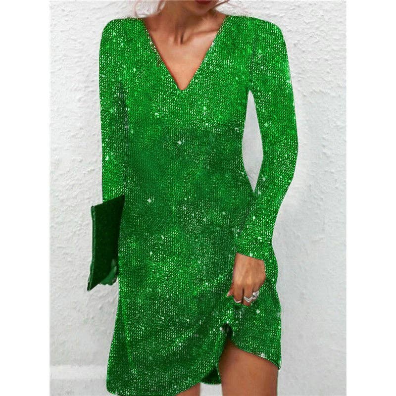 kycozy - Wholesale Dress - Women's - V-Neck Sequin Long Sleeve Short Dress2