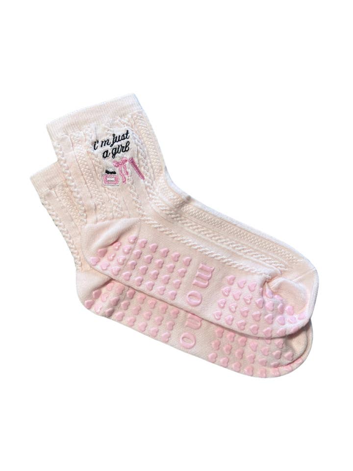 i'm just a girl -- cable knit pilates grip socks for wholesale by modasocks