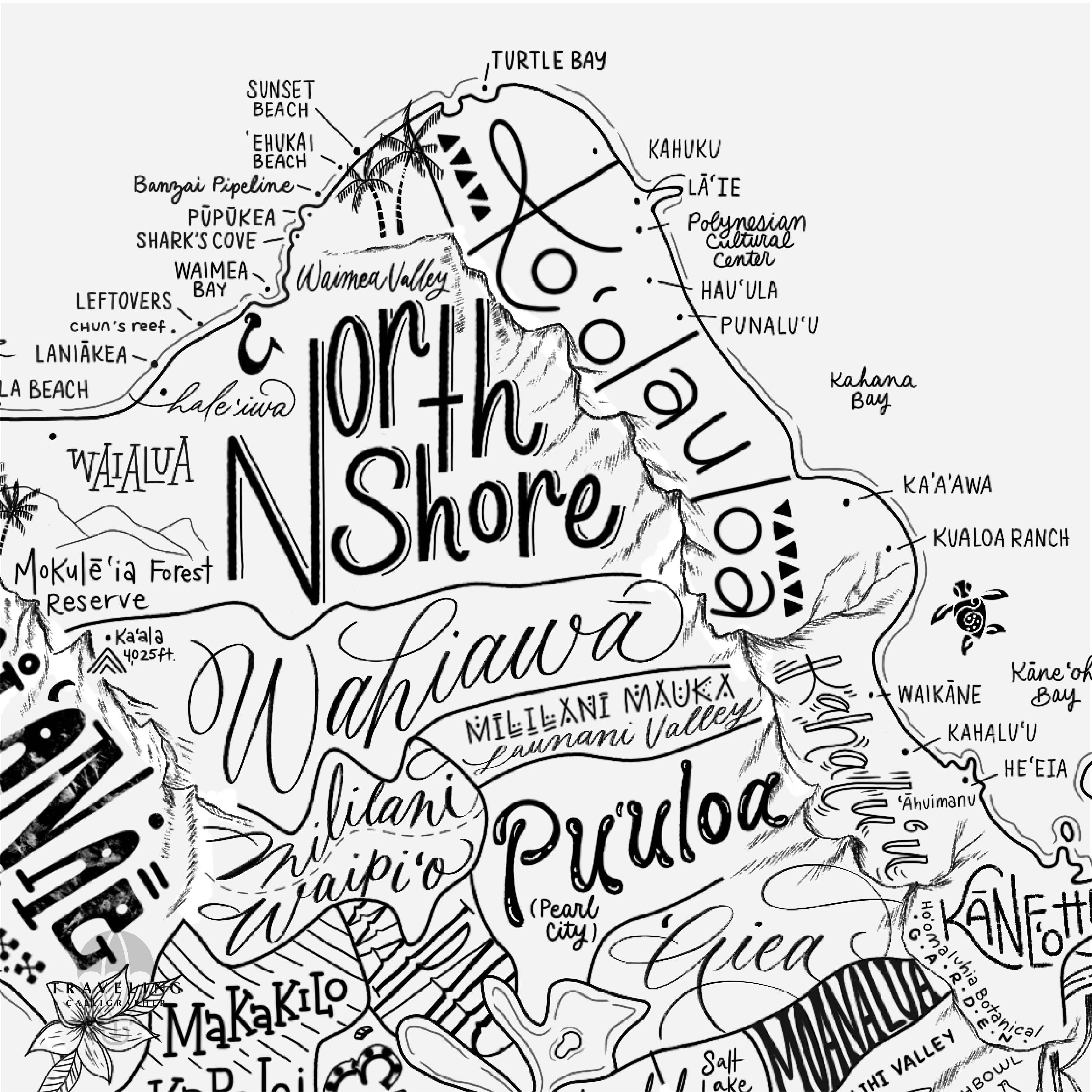Traveling Calligrapher – Großhandel Kunstdruck – Karte der Nachbarschaft von Oahu Drucken7