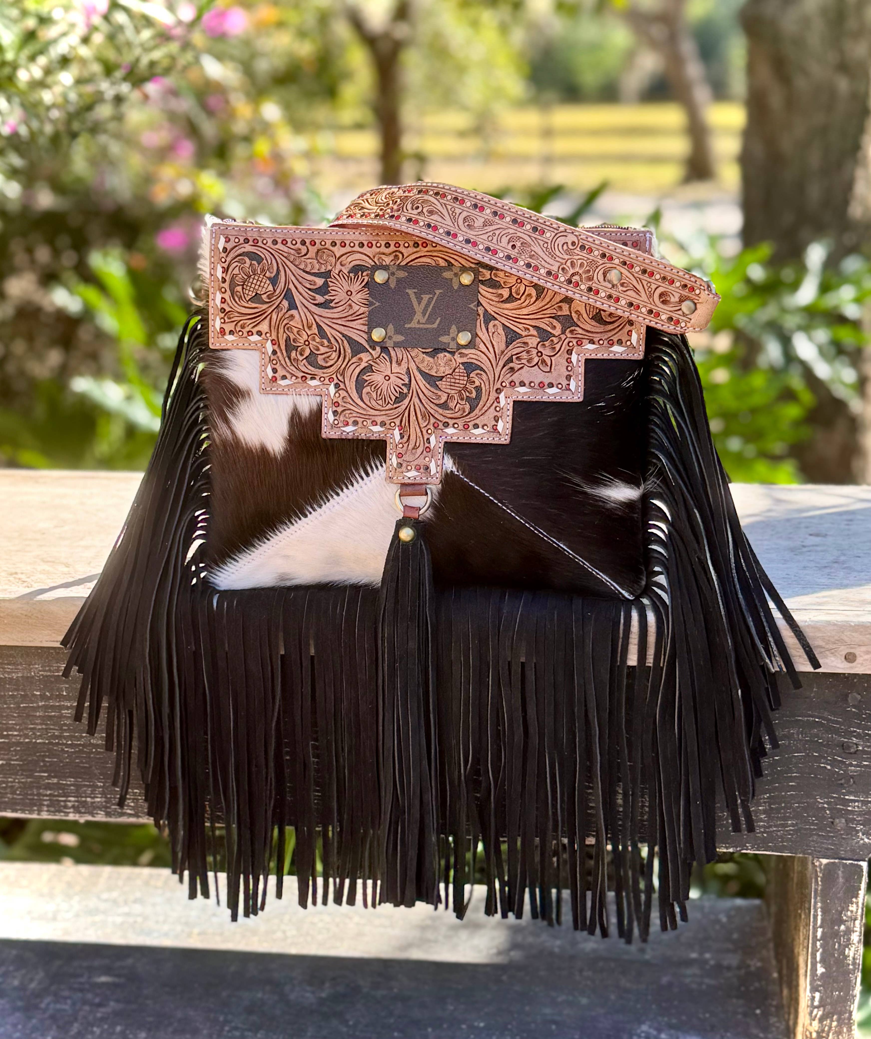 Southern Junkie Gypsy Boutique - Wholesale Crossbody Bag - Women's - Upcycled LV Cowhide Leather Fringe Crossbody Bag Western2