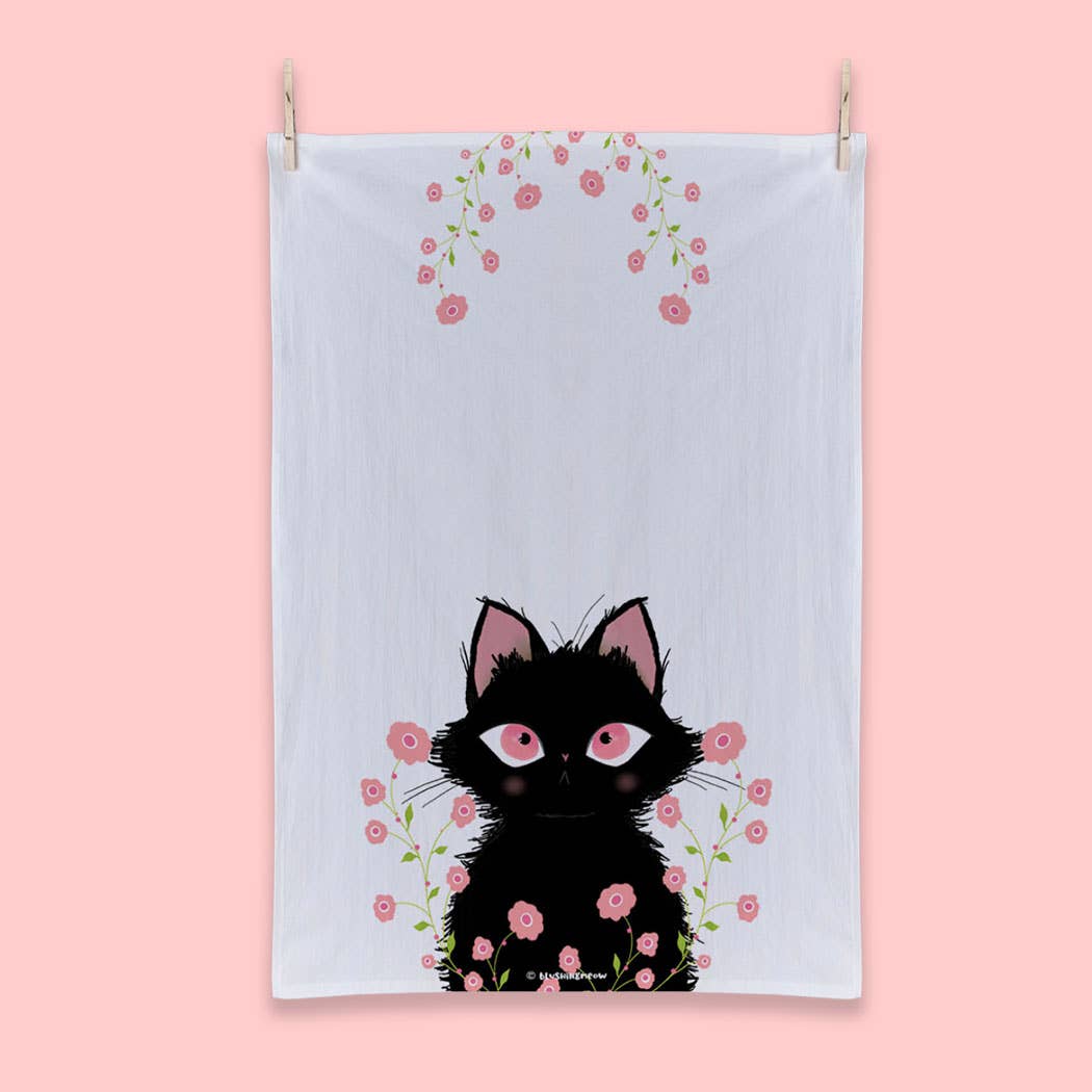 Blushing Meow - Wholesale Tea Towel - Floursack Tea Towel - Black Cat1