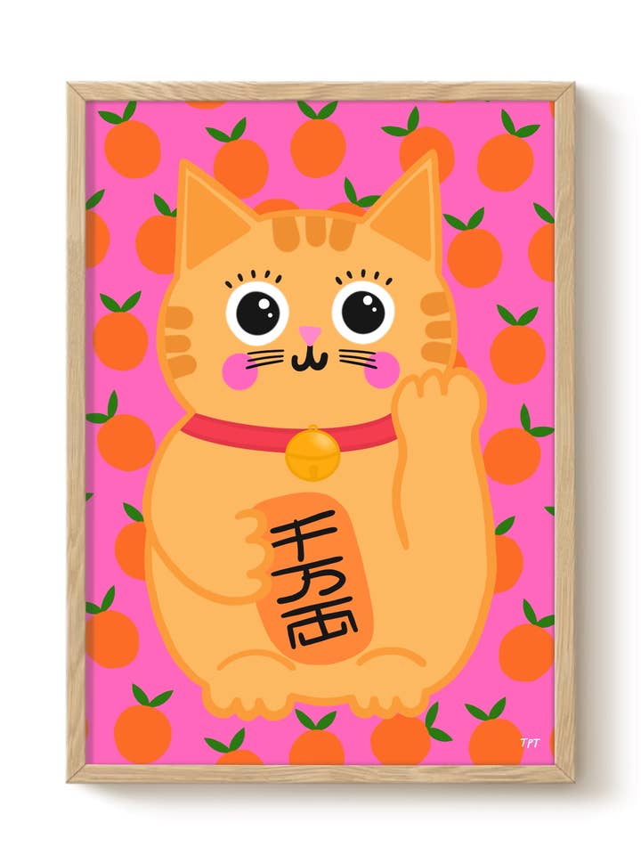 Lucky Cat Art Print - Wall Decor, Colourful Illustrations for wholesale by The Paper Tail