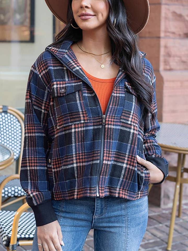 Flannel Plaid Jacket in Navy-Orange for wholesale by Grace and Lace